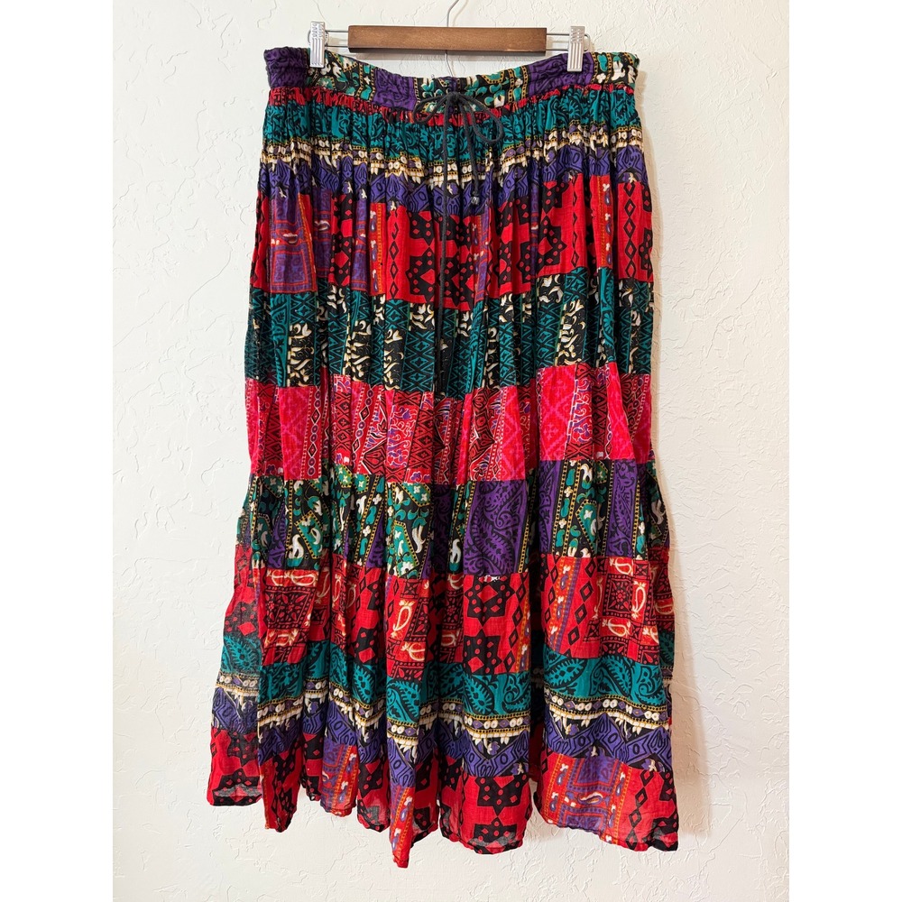 Vtg Christine Parker Cotton Block Print Faux Patchwork Maxi Skirt M Drawstring